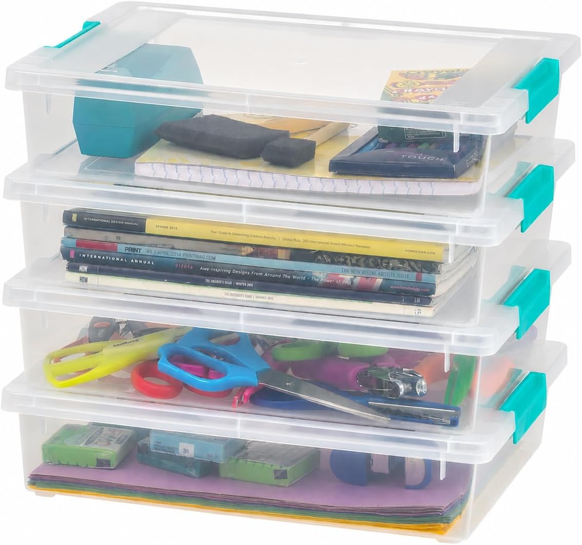 IRIS USA Storage Bins with Lids |Made in USA| 6 Qt - (4-Pack) - Clear | Sensory Craft Organizers. Plastic Clip Box Totes. Flat Containers for Organizing Paper. Office. Art & Study Supplies