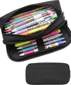 Della Gao Large Pencil Case. Big Capacity Pencil Pouch with 2 Compartments. Office Pencil Bag with Zipper. Big Pen Case for Adults (01-Black)