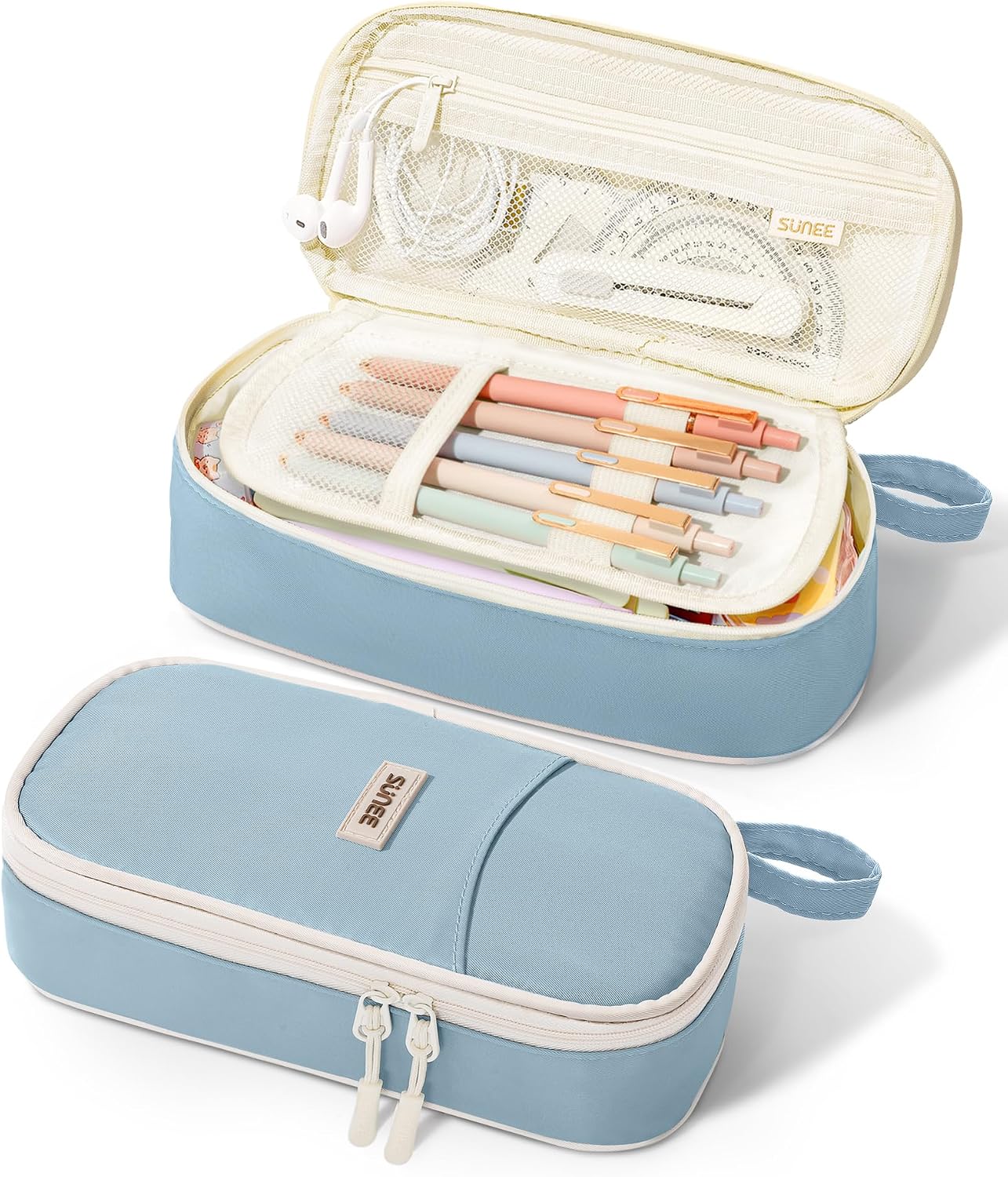 SUNEE Cute Pencil Case. Aesthetic Pen Pouch. Colored Large Pencil Bag with Zipper. Kawaii Stationery Storage and Organizer. School Supplies for Teen and Adult Girls. Blue