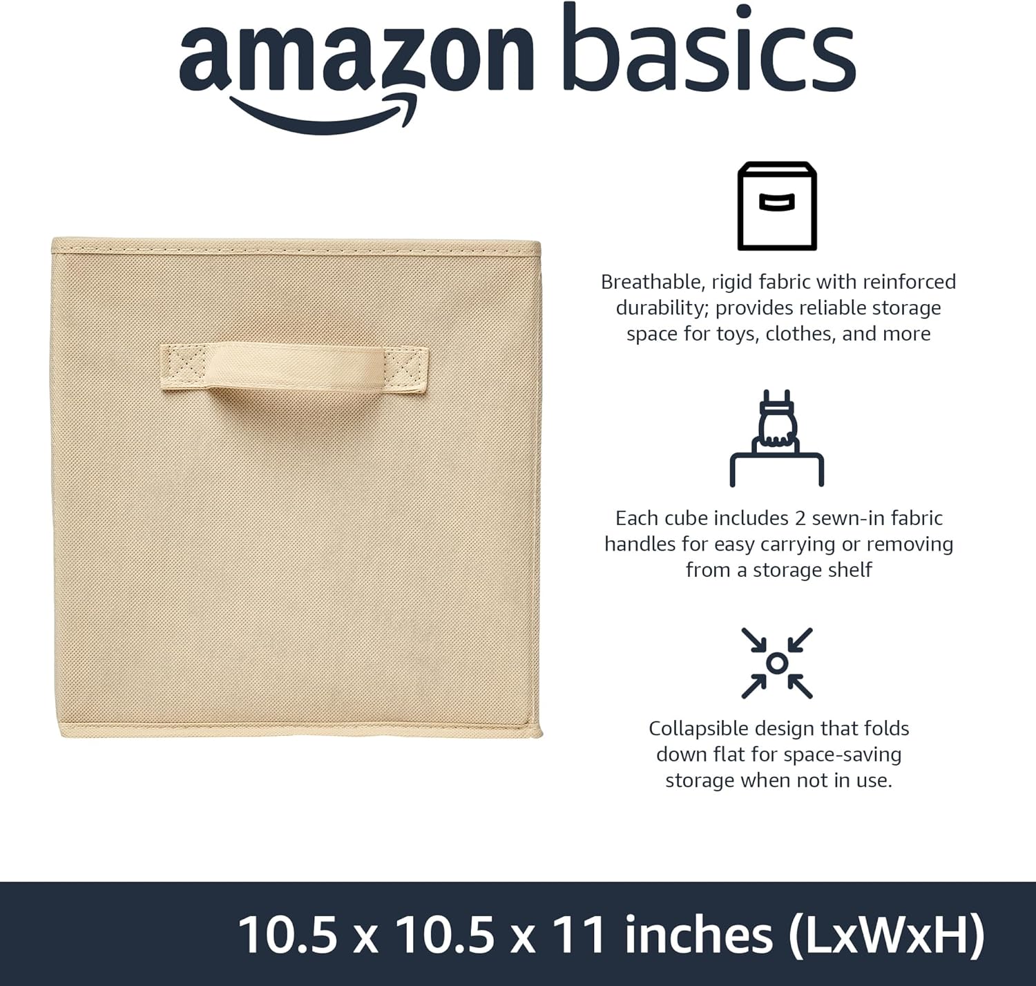 Amazon Basics Collapsible Fabric Storage Cubes Organizer with Handles. Sturdy Storage Bins for Organization. 10.5 x 10.5 x 11. Beige. 6-Pack - Image 2